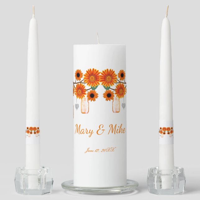 Orange Flowers Mason Jars Wedding Unity Candle Set (Front)