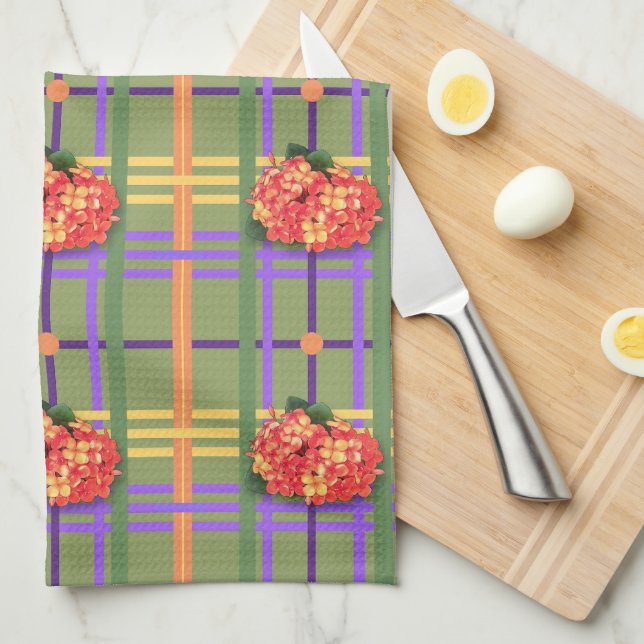 Orange Flowers on Moss Green Plaid Kitchen Towels (Quarter Fold)