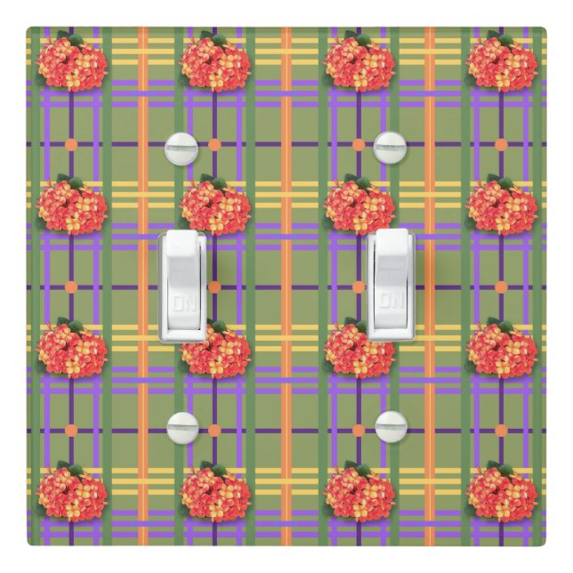 Orange Flowers on Moss Green Plaid Switch Cover (In Situ)