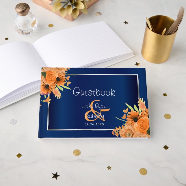 Orange Flowers on Navy Blue Guest Book (Front Open)