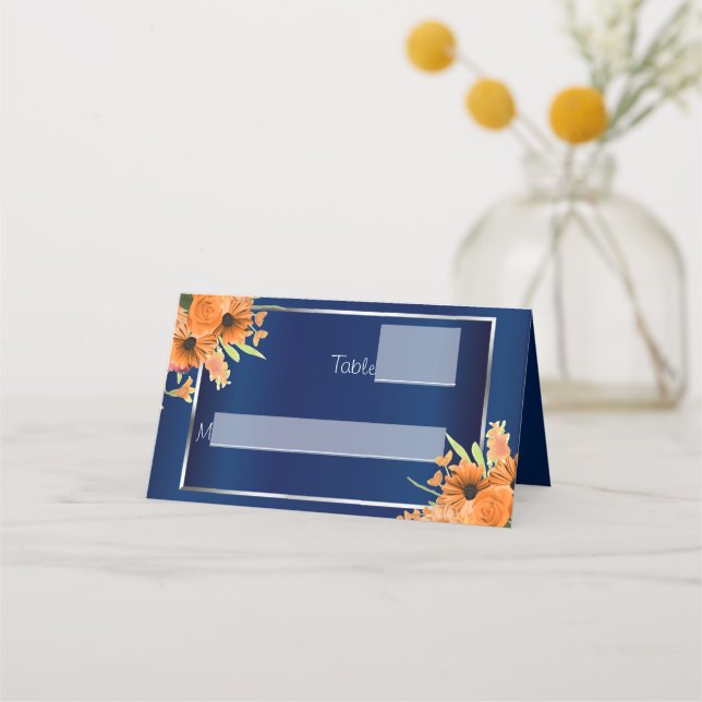 Orange Flowers on Navy Blue Place Card (Front)
