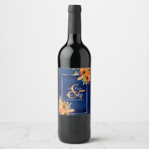Orange Flowers on Navy Blue Wine Label