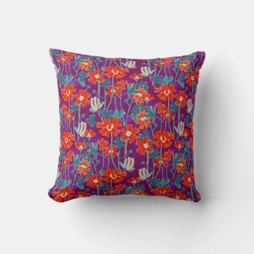 Orange flowers on purple throw pillow