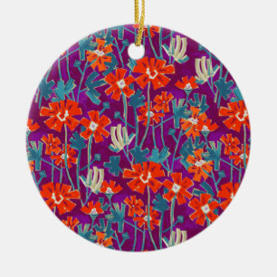 Orange flowers on purple throw pillow ceramic ornament