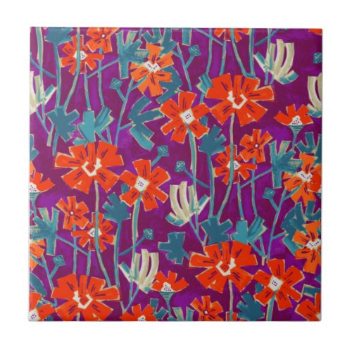 Orange flowers on purple throw pillow ceramic tile