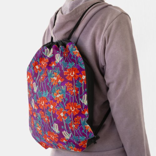 Orange flowers on purple throw pillow drawstring bag