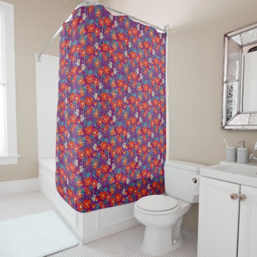 Orange flowers on purple throw pillow shower curtain