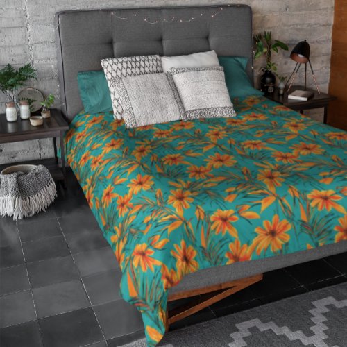 Orange Flowers on Turquoise Background Tropical Duvet Cover