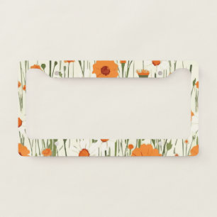 Orange Flowers on White – Bright Floral Car License Plate Frame