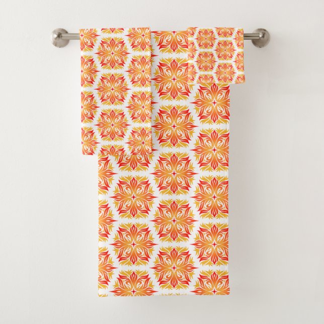 Orange Flowers, Pattern Of Flowers, Floral Pattern Bath Towel Set (Insitu)