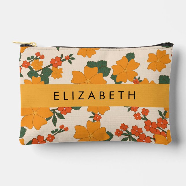 Orange Flowers, Pattern Of Flowers, Your Name Accessory Pouch (Front)