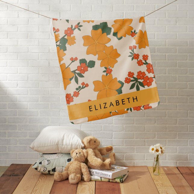 Orange Flowers, Pattern Of Flowers, Your Name Baby Blanket (In Situ)