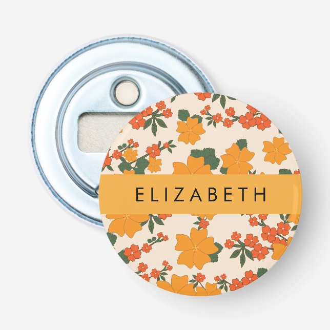 Orange Flowers, Pattern Of Flowers, Your Name Bottle Opener (Front)