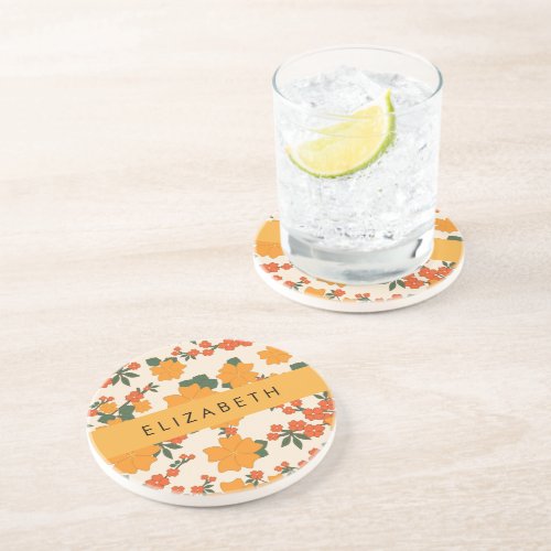 Orange Flowers Pattern Of Flowers Your Name Coaster