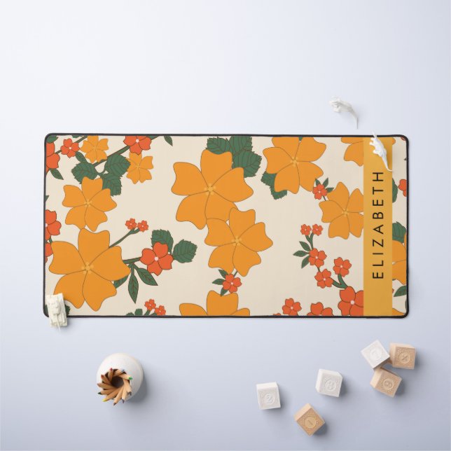 Orange Flowers, Pattern Of Flowers, Your Name Desk Mat (Kids Table)