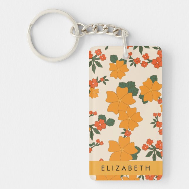 Orange Flowers, Pattern Of Flowers, Your Name Keychain (Front)