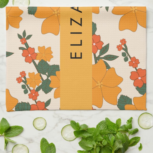 Orange Flowers, Pattern Of Flowers, Your Name Kitchen Towel (Folded)