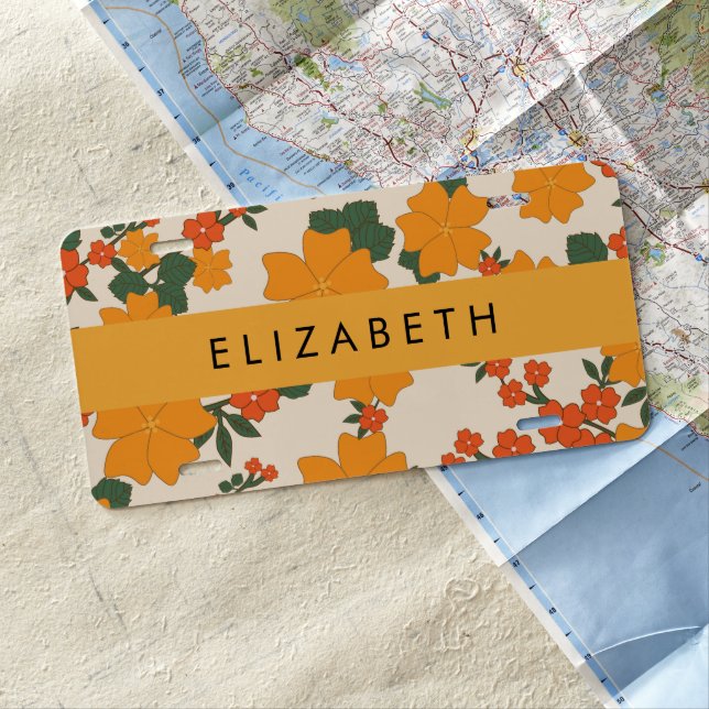 Orange Flowers, Pattern Of Flowers, Your Name License Plate (In Situ)
