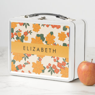 Orange Flowers, Pattern Of Flowers, Your Name Metal Lunch Box