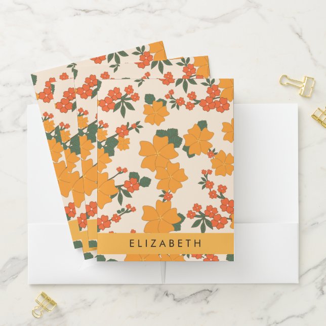 Orange Flowers, Pattern Of Flowers, Your Name Pocket Folder (In Situ)