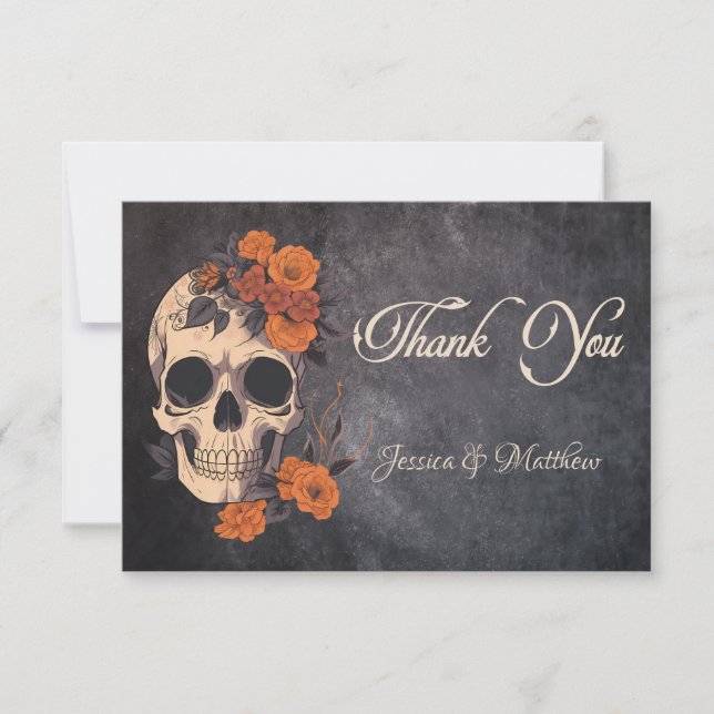 Orange Flowers Skull Elegant  Minimalist wedding Thank You Card (Front)