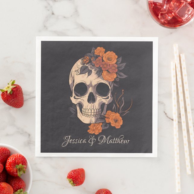 Orange Flowers Skull Elegant  Paper Dinner Napkins (Insitu)