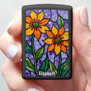 Orange Flowers Stained Glass Style Zippo Lighter