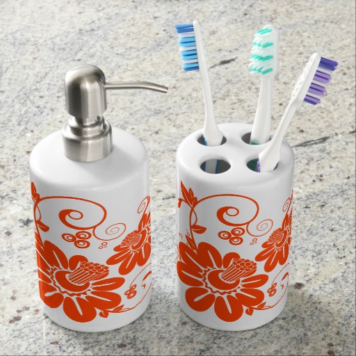 orange flowers vector art soap dispenser and toothbrush holder
