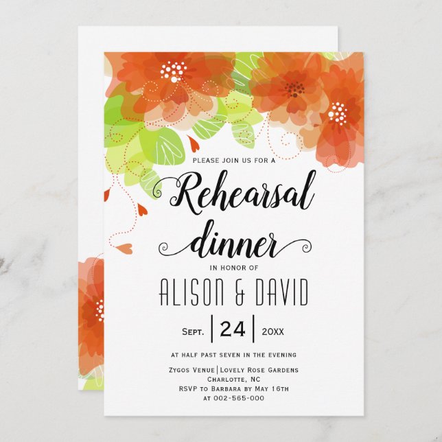 Orange flowers wedding rehearsal dinner invitation (Front/Back)