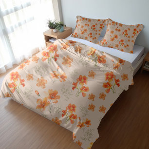 Orange Flowers with Green Leaves Duvet Cover