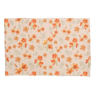 Orange Flowers with Green Leaves Pillow Case