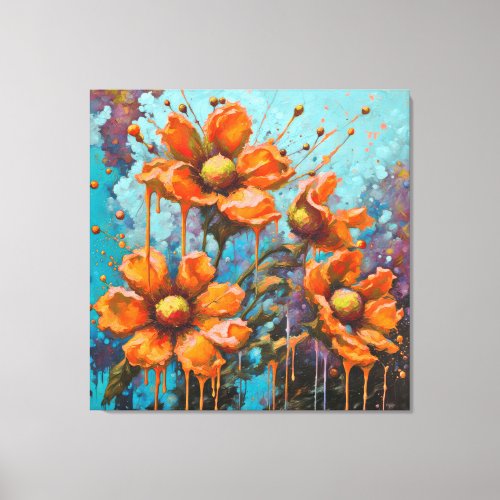 Orange Flowers With Paint Drippings Canvas Print