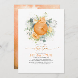 Orange Flowers Wreath Boho Fall Baptism Invitation