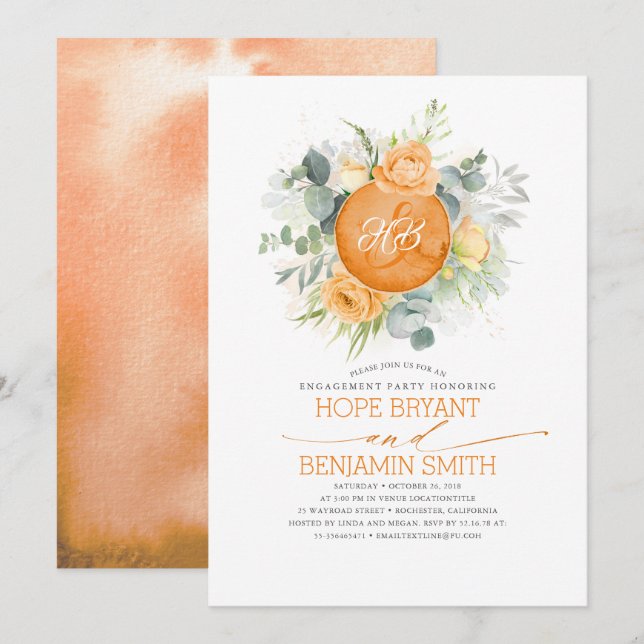 Orange Flowers Wreath Fall Engagement Party Invitation (Front/Back)