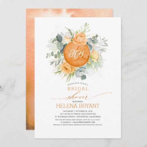 Orange Flowers Wreath Monogram Fall Bridal Shower Invitation