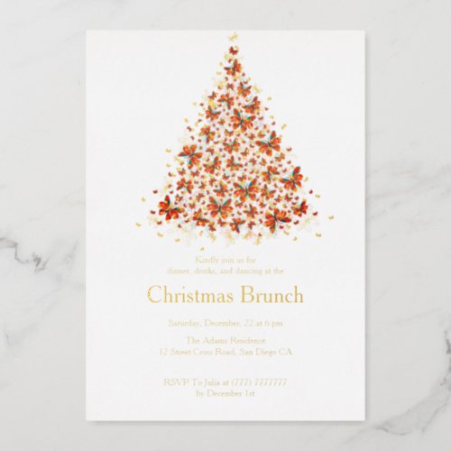 Orange Flying Butterfly Christmas Tree Foil Invitation
