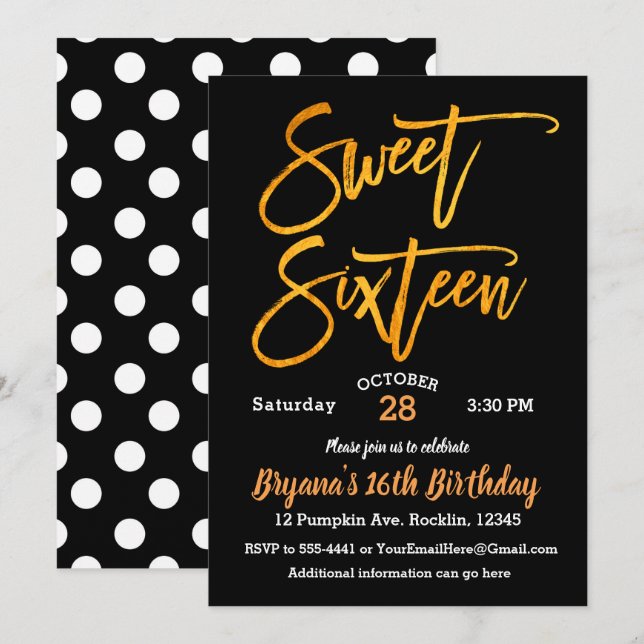 Orange Foil Sweet 16 Halloween Party Black White Invitation (Front/Back)