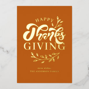 Orange Foliage Wreath Happy Thanksgiving Foil Holiday Card
