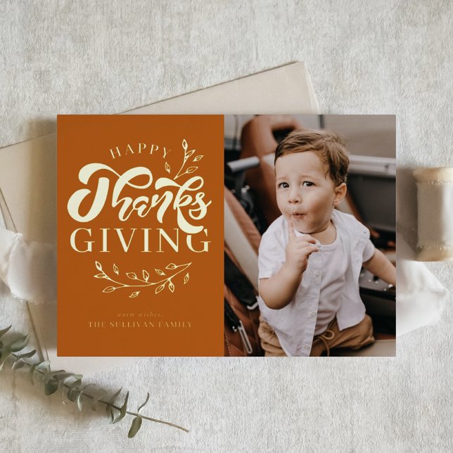 Orange Foliage Wreath Photo Happy Thanksgiving Foil Holiday Card (Creator Uploaded)