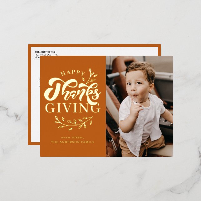 Orange Foliage Wreath Photo Happy Thanksgiving Foil Holiday Postcard (Front/Back)