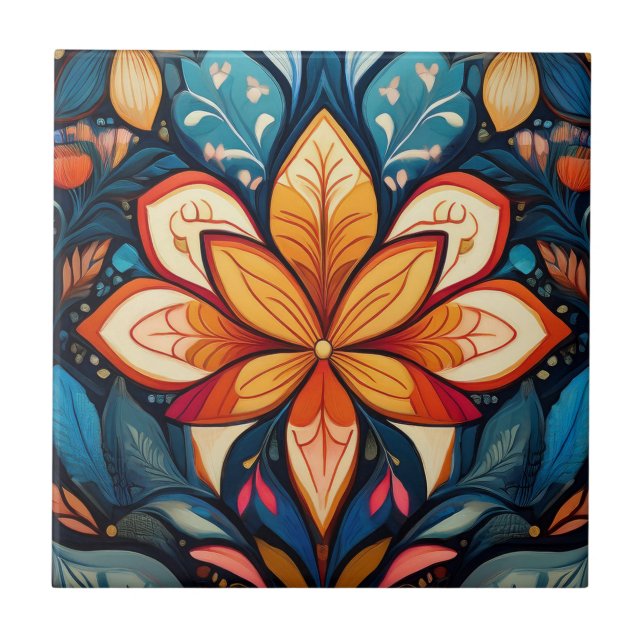 Orange Folk Flower  Ceramic Tile (Front)