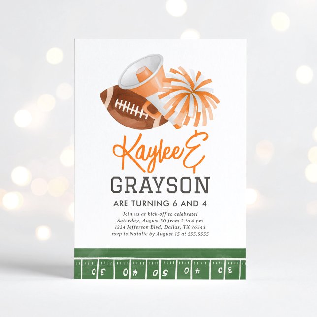 Orange Football and Cheerleading Joint Birthday Invitation (Creator Uploaded)