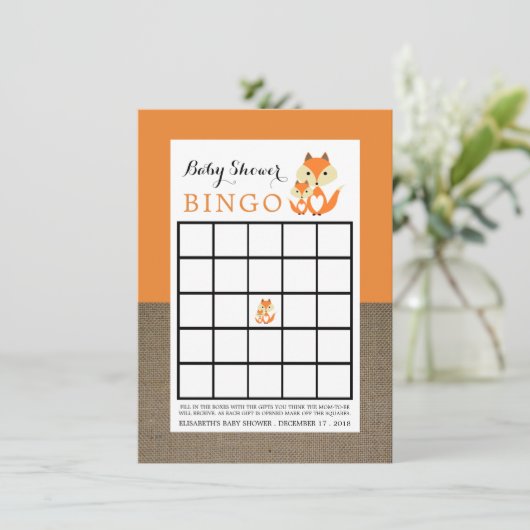 Orange Fox Burlap Baby Shower Bingo (Standing Front)