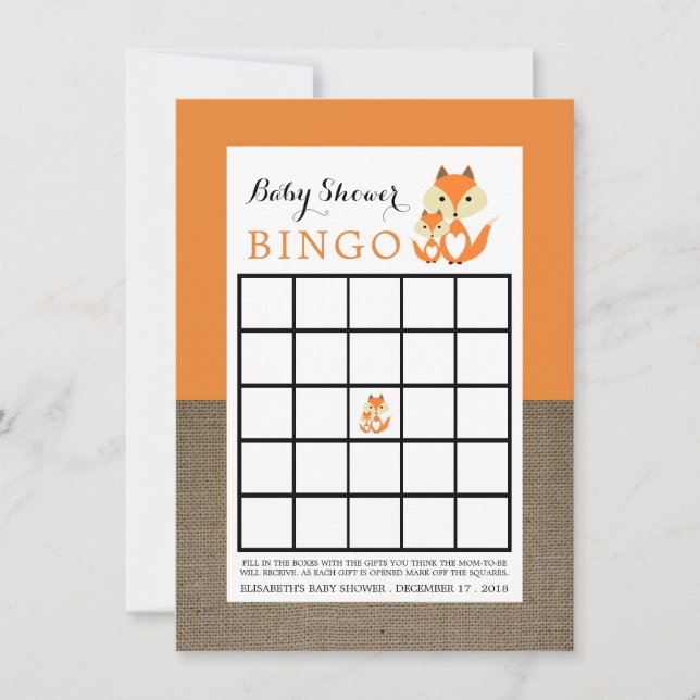 Orange Fox Burlap Baby Shower Bingo (Front)