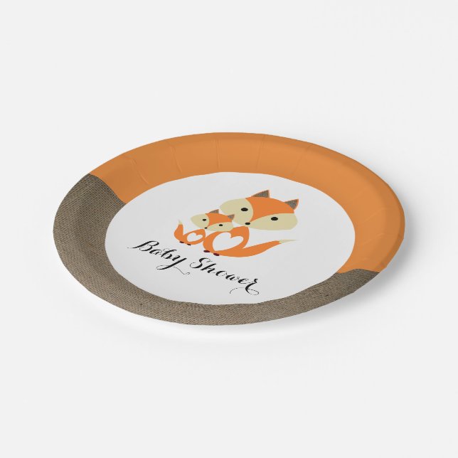 Orange Fox Burlap Baby Shower Paper Plates (Angled)
