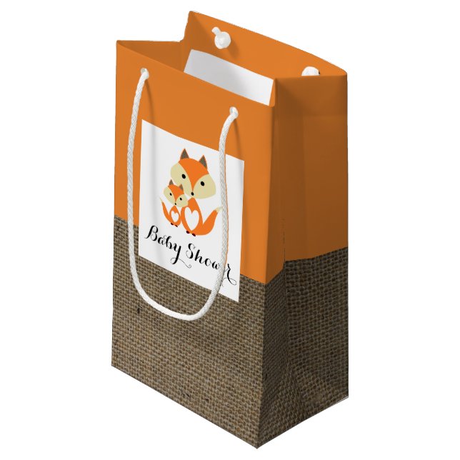 Orange Fox Burlap Baby Shower Small Gift Bag (Front Angled)