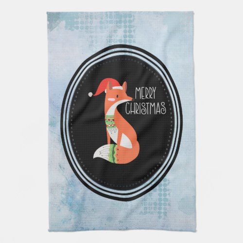 Orange Fox in Red Santa Hat Merry Christmas Kitchen Towel