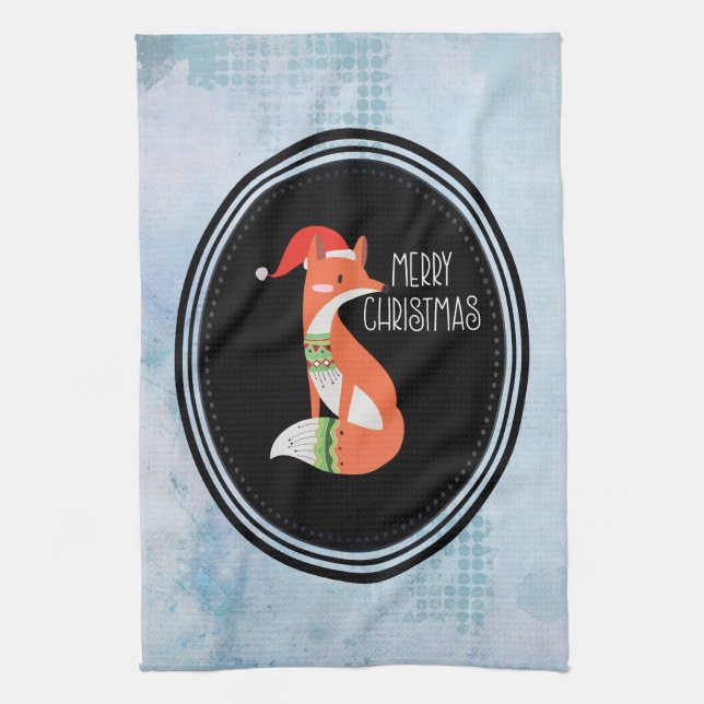 Orange Fox in Red Santa Hat Merry Christmas Kitchen Towel (Vertical)