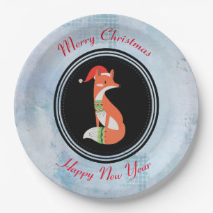 Orange Fox in Red Santa Hat Merry Christmas Paper Plates