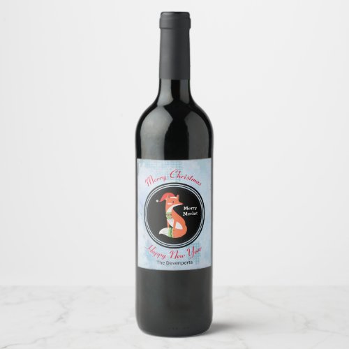 Orange Fox in Red Santa Hat Merry Christmas Wine Label